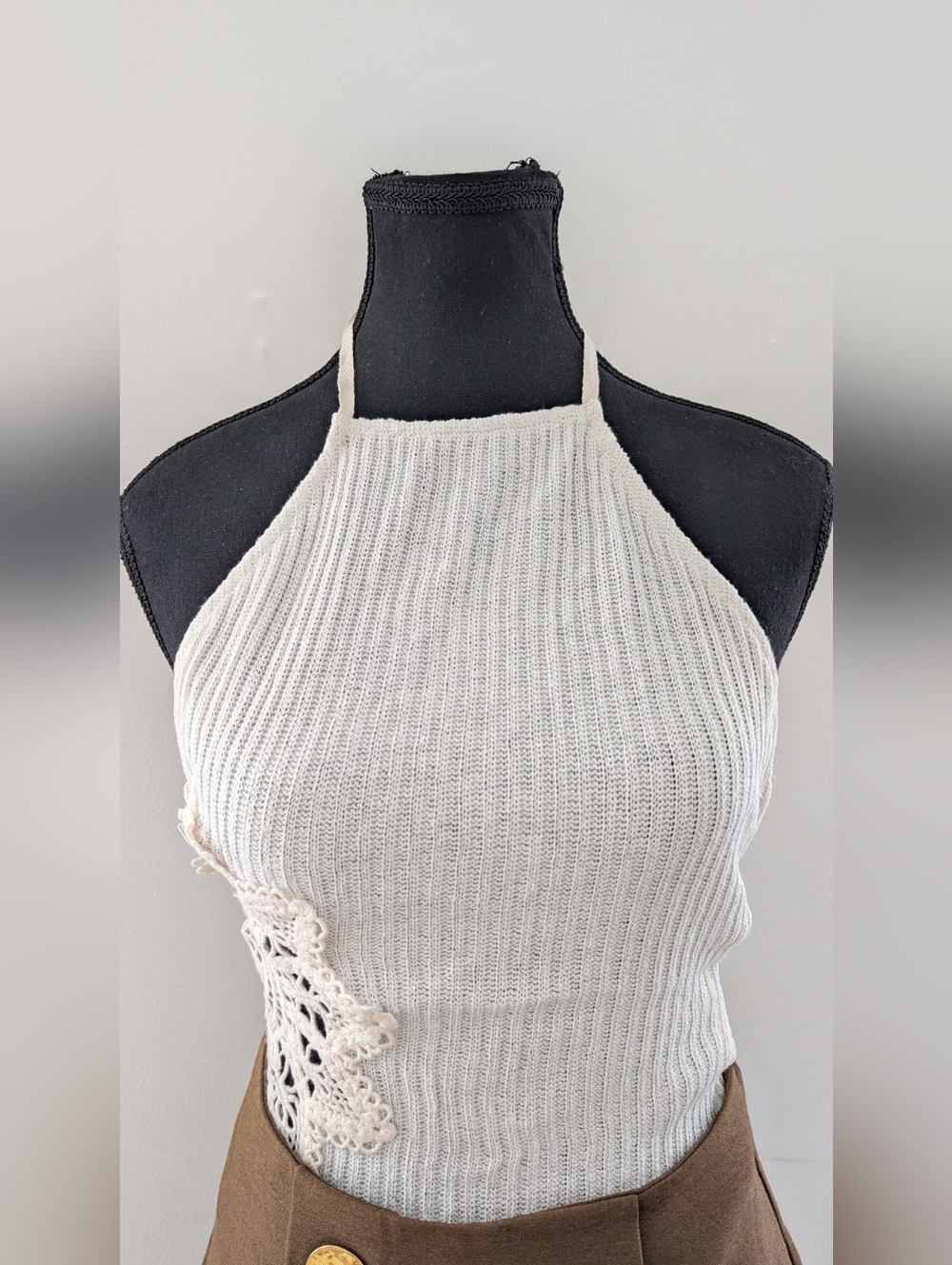 SOLD - Cream Knit Halter Top with Crochet Detail